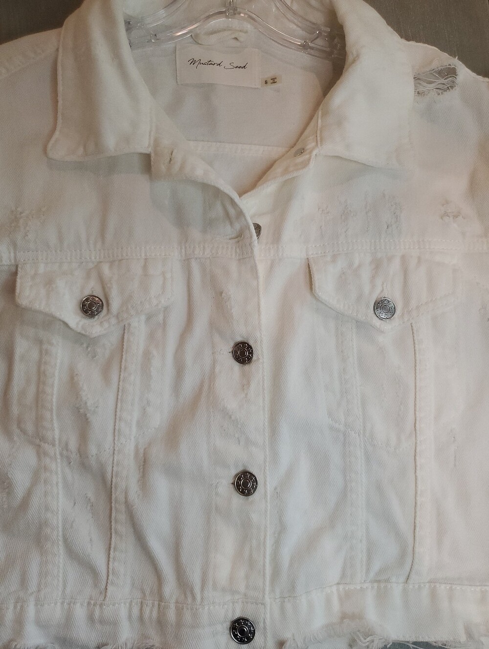 Mustard Seed Cropped White Distressed Denim Jacket Long Sleeve Size Small - Picture 5 of 6
